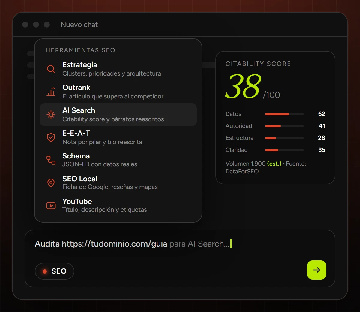 Panel de AI SEO in 1 Click Tool dentro de un chat: siete herramientas SEO y un citability score sobre 100
